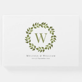 Elegant Monogram Bladkrans Groen Bruiloft Gastenboek