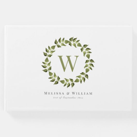 Elegant Monogram Bladkrans Groen Bruiloft Gastenboek (Voorkant)
