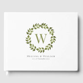 Elegant Monogram Bladkrans Groen Bruiloft Gastenboek (Voorkant)