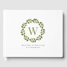 Elegant Monogram Bladkrans Groen Bruiloft Gastenboek