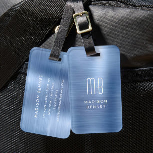 Elegant Monogram Blau Geborsteld Metaal Bagagelabel