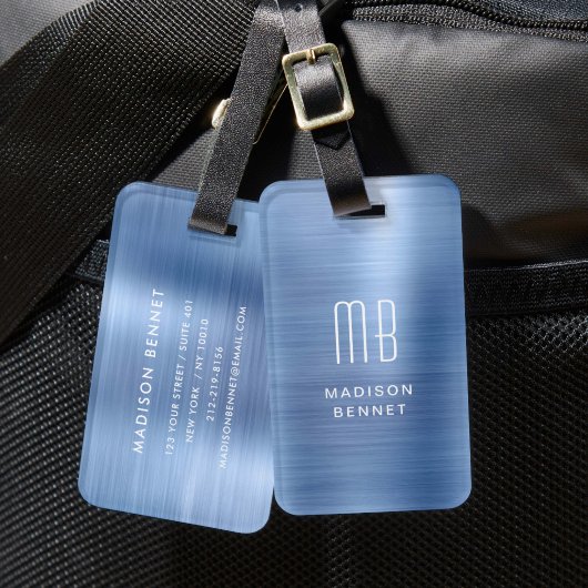 Elegant Monogram Blau Geborsteld Metaal Bagagelabel