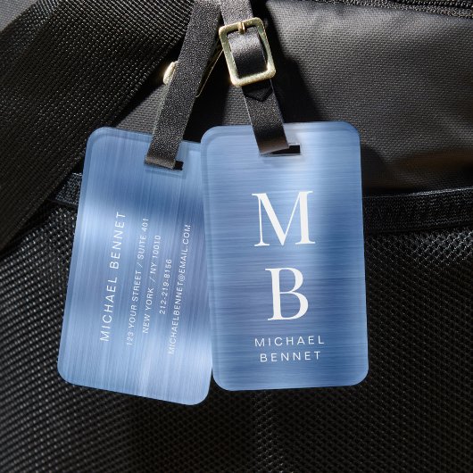 Elegant monogram blauw bagagelabel