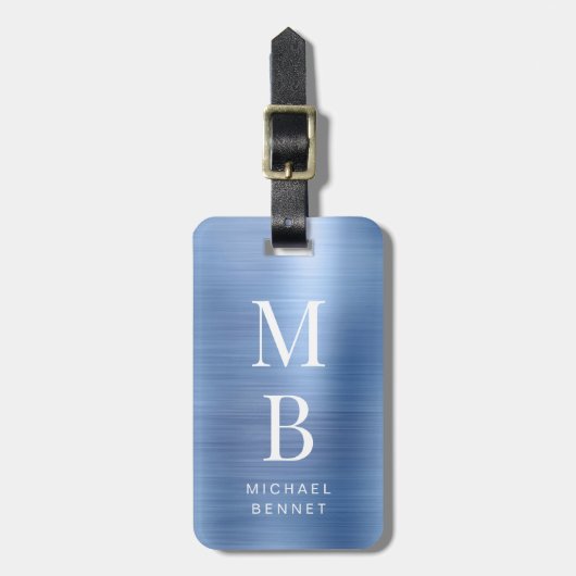 Elegant monogram blauw bagagelabel (Voorkant verticaal)