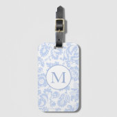 Elegant Monogram Blauw Bloemen Botanisch Bagagelabel (Voorkant (verticaal))