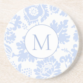Elegant Monogram Blauw Bloemen Botanisch Zandsteen Onderzetter