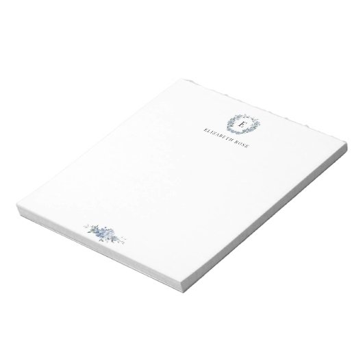 Elegant monogram blauw bloemig notitieblok (Linkerzijde)