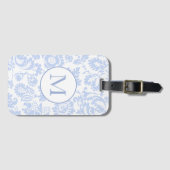 Elegant Monogram Blauw Bloemmotief Botanisch Bagagelabel (Voorkant (horizontaal))