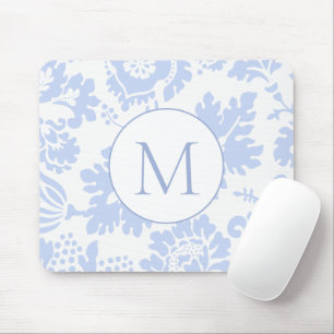 Elegant Monogram Blauw Bloemmotief Botanisch Muismat