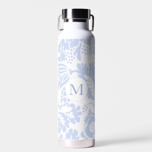 Elegant Monogram Blauw Bloemmotief Botanisch Waterfles (Voorkant)