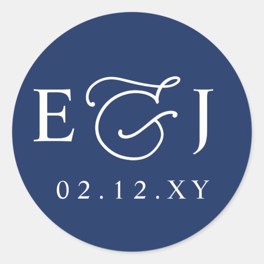 Elegant Monogram Blauw Bruiloft Ronde Sticker (Voorkant)