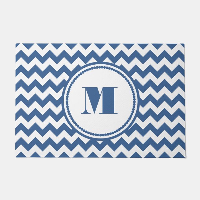Elegant Monogram Blauw Chevron Deurmat (Voorkant)
