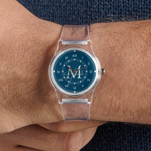 elegant monogram blauw chique siliconen band Clear Horloge (Creator heeft geüpload)
