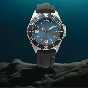 Elegant monogram blauw geborsteld metalen horloge