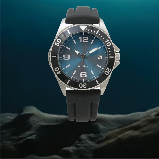 Elegant monogram blauw geborsteld metalen horloge (Creator heeft geüpload)