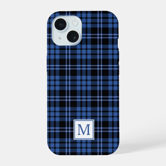 Elegant Monogram Blauw Geruit iPhone 15 Case (Achterkant)