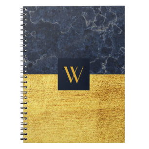 Elegant Monogram Blauw Goud Marmer Notitieboek