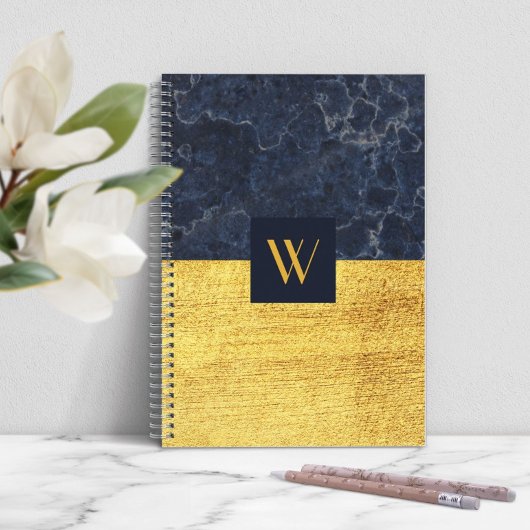 Elegant Monogram Blauw Goud Marmer Notitieboek