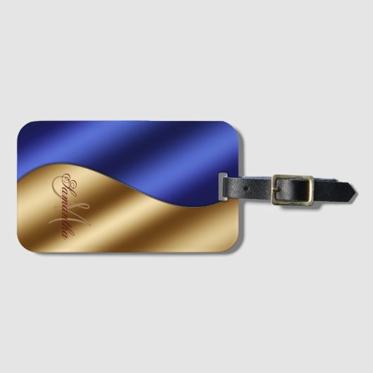 Elegant monogram blauw goud metallic bagagelabel (Voorkant (horizontaal))
