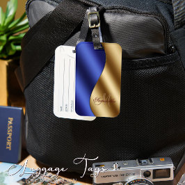 Elegant monogram blauw goud metallic bagagelabel