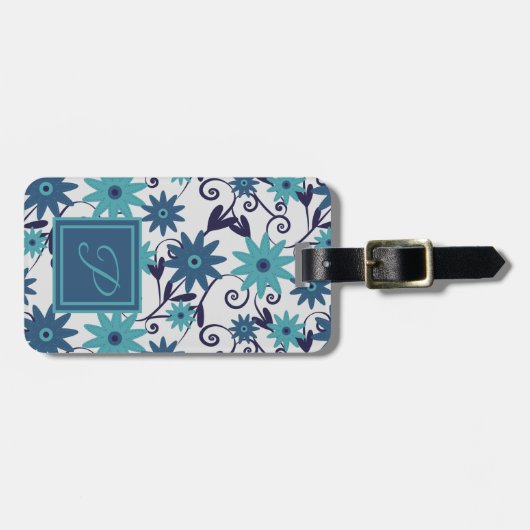 Elegant monogram blauw turquoise - patroon bagagelabel (Voorkant horizontaal)