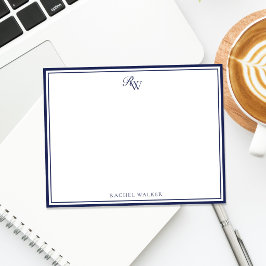 Elegant Monogram Blauw Twee Rand Notitiekaartje