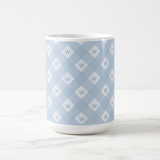 Elegant monogram blauw, wit geruit patroon koffiemok (Center)