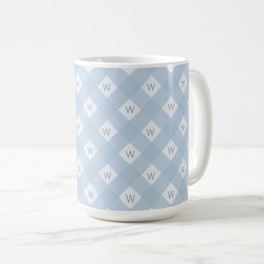 Elegant monogram blauw, wit geruit patroon koffiemok (Voorkant rechts)