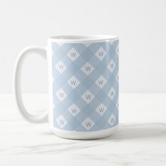 Elegant monogram blauw, wit geruit patroon koffiemok (Links)