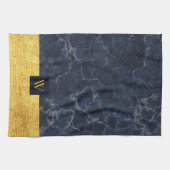 Elegant Monogram Blauwe Marmer Theedoek (Horizontaal)