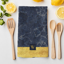Elegant Monogram Blauwe Marmer Theedoek