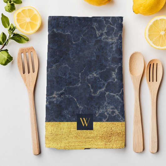 Elegant Monogram Blauwe Marmer Theedoek