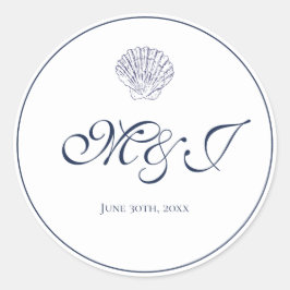 Elegant Monogram Blauwe Schelp Bruiloft Ronde Sticker
