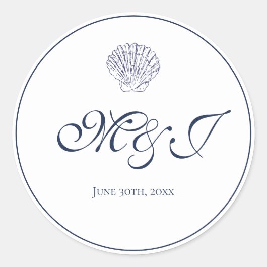 Elegant Monogram Blauwe Schelp Bruiloft Ronde Sticker (Voorkant)