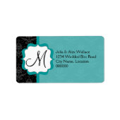 Elegant Monogram Blauwgroen Damask Etiket (Voorkant)