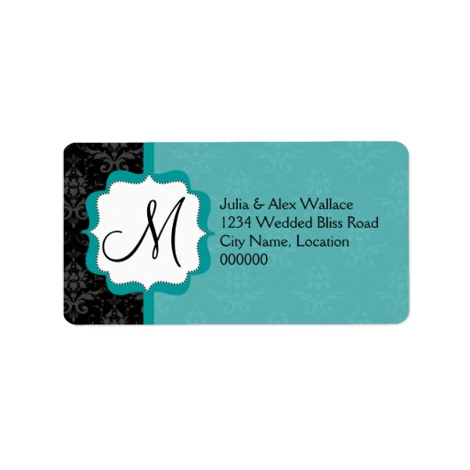 Elegant Monogram Blauwgroen Damask Etiket (Voorkant)