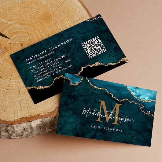 Elegant Monogram Blauwgroen Gouden Agaat Geode QR  Visitekaartje