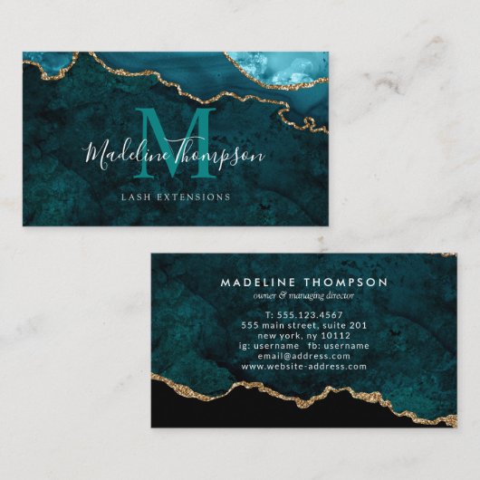 Elegant Monogram Blauwgroen Groene Marmer Agate Ge Visitekaartje (Voorkant / Achterkant)