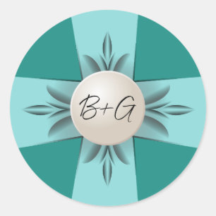 Elegant Monogram Blauwgroen Parel Lint Bruiloft Ronde Sticker
