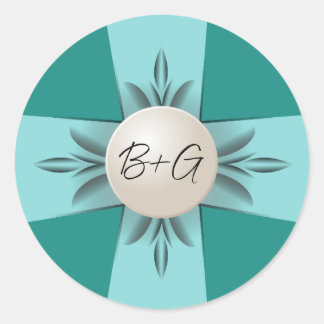 Elegant Monogram Blauwgroen Parel Lint Bruiloft Ronde Sticker