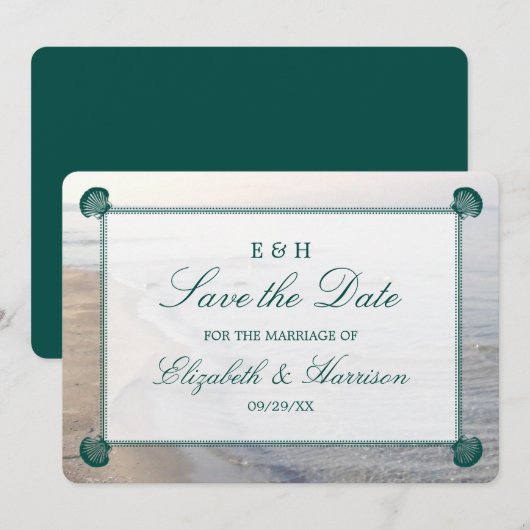 Elegant Monogram, Blauwgroen Scallop Beach Save The Date (Voorkant / Achterkant)