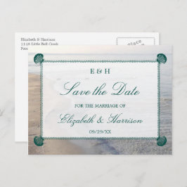 Elegant monogram, Blauwgroen Scallop Beach sparen  Aankondigingskaart