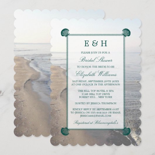 Elegant Monogram & Blauwgroen Scallop Vrijgezellen Kaart (Voorkant / Achterkant)