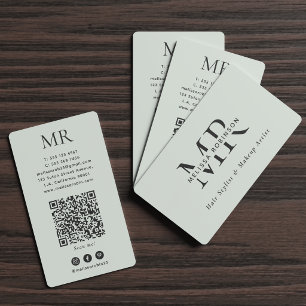 Elegant Monogram Bleekgroen Sociale Media & QR Cod Visitekaartje