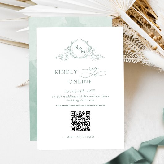 Elegant Monogram Bleke Groene RSVP Online QR Code Informatiekaartje