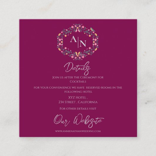 Elegant Monogram Bloemen Lijst Trouwdetails Informatiekaartje (Voorkant)