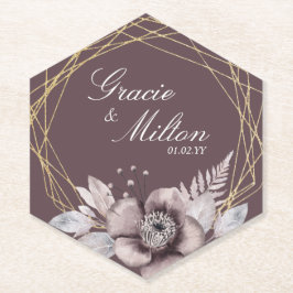 Elegant Monogram Bloemendecor Mauve Bruiloft  Kartonnen Onderzetters