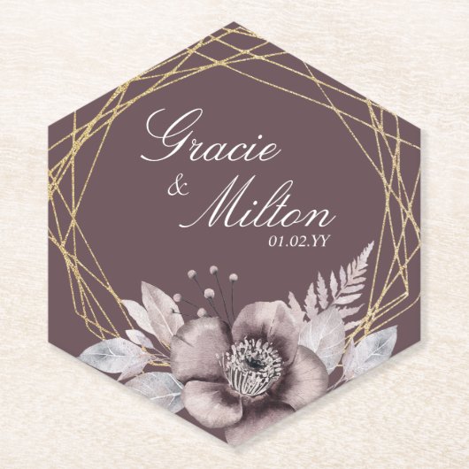 Elegant Monogram Bloemendecor Mauve Bruiloft Kartonnen Onderzetters (Voorkant)
