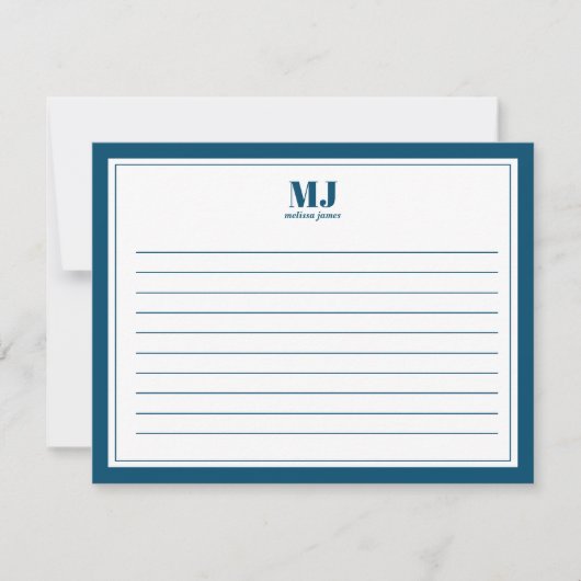Elegant Monogram Blue Border Minimalist Notitiekaartje (Voorkant)