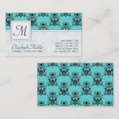 Elegant Monogram Blue en Black Damask Print Visitekaartje (Voorkant / Achterkant)